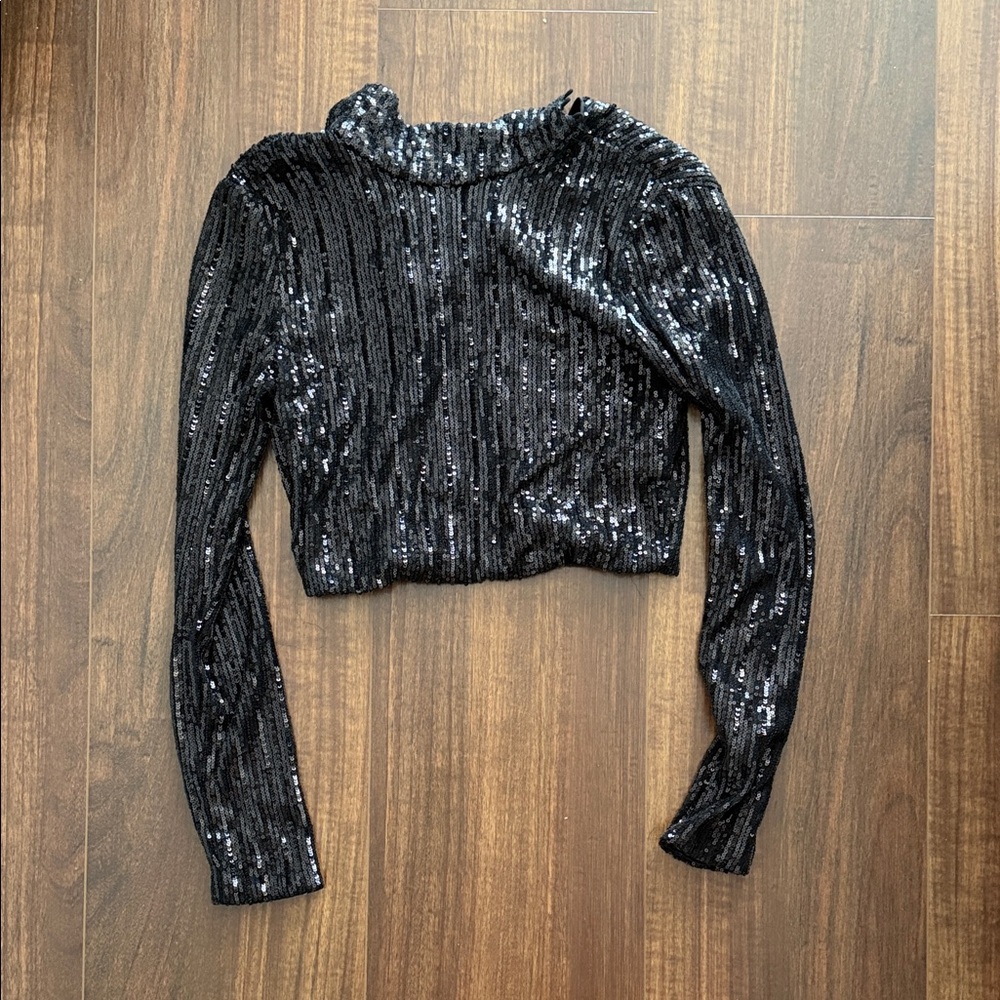 Zara Black Sequin Long-Sleeve Crop Top